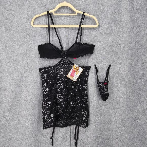 Magic Silk Exposed Chemise and G-String Set Women L/XL Black Lace Pick a Bow NEW - Picture 1 of 15